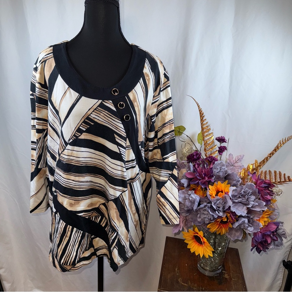 Alfred Dunner Abstract Button Front Top Black Tan Cream Stretch Blouse L